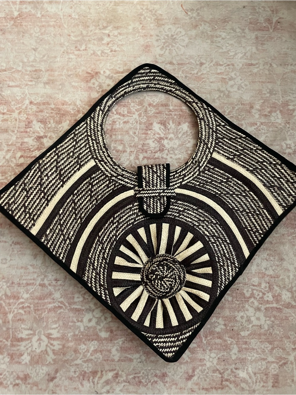 Woven Black & Cream Geometric Handle Tote